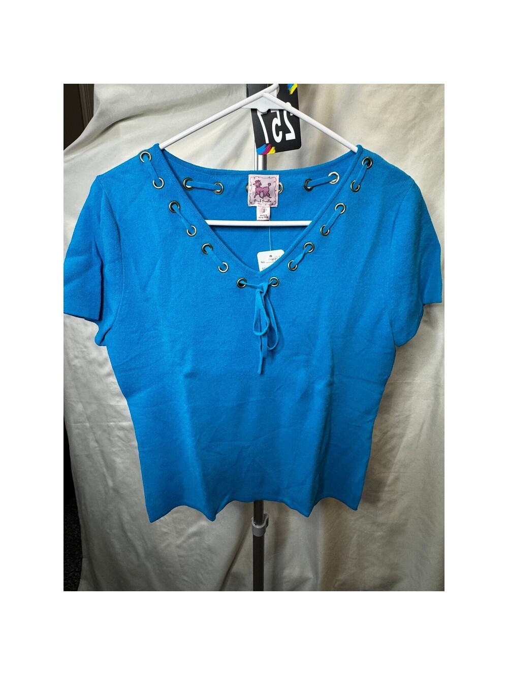 257 Pink Poodle Turquoise Blue Lace Up Grommet V-Neck Short Sleeve Knit Top S